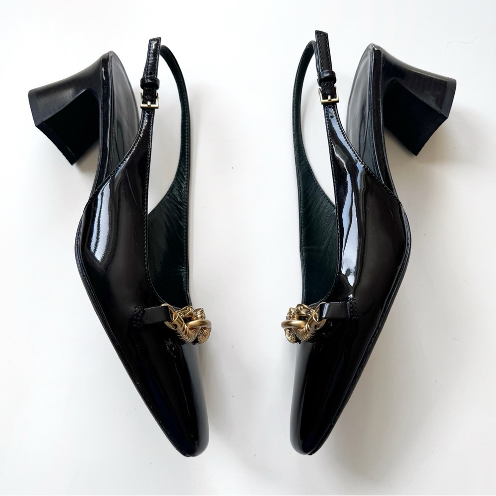 Tory Burch Jessa 55mm Slingback Heels Patent Leather Block Heel Gold Rams Chain - Picture 3 of 11